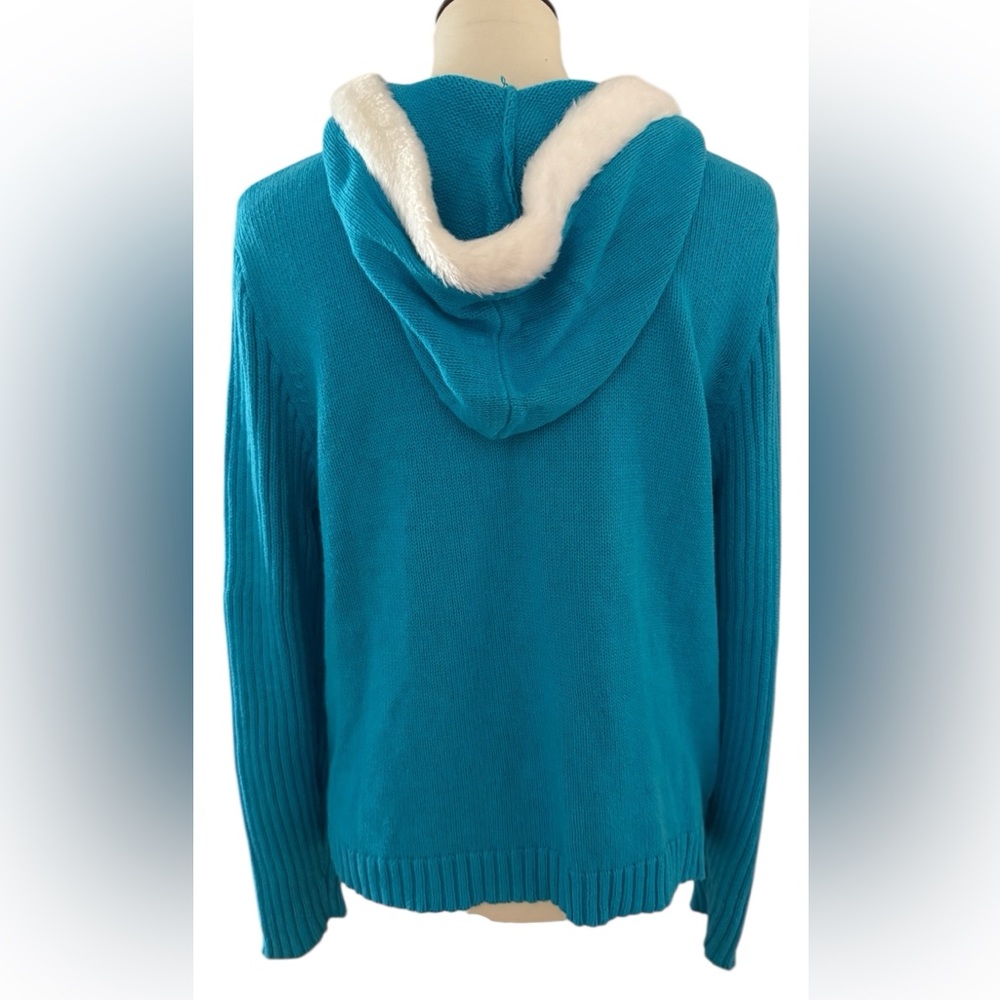Tiara International Blue Full Zip Hooded Snowman Christmas Cardigan Size Large - Picture 3 of 10